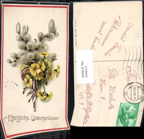 319517,Theo Stroefer 1502 Strauß Primeln Palmkätzchen Schleife Ostern Patriotik