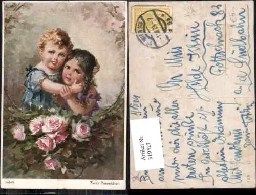 319527,Theo Stroefer Münchner Kunst 913 Jodolfi Zwei Pusselchen Kinder Rosen Blumen