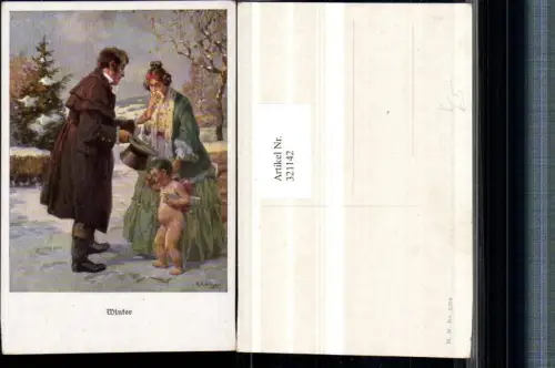 321142,M. Munk Vienne 1324 Künstler R. A. Höger Winter Amor Engel Frau Kleid Mann Zylinder