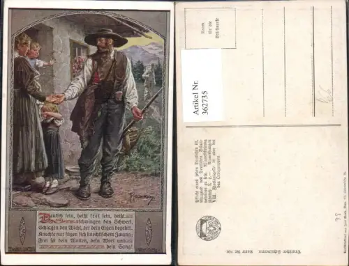 362735,Deutscher Schulverein 801 Künstlerkarte F. Kuderna Jäger Abschied Frau Kinder