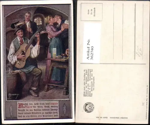 362740,Deutscher Schulverein 808 Künstlerkarte F. Kuderna Paar Kuss Gitarre Wein