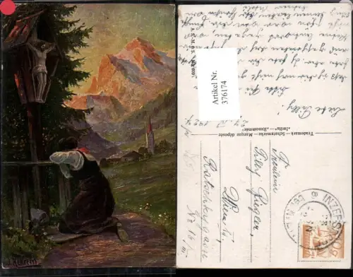 376174,A.S.M. Imita 609 Künstler W. Rekrem Andacht Wegkreuz Frau trauert Bergkulisse