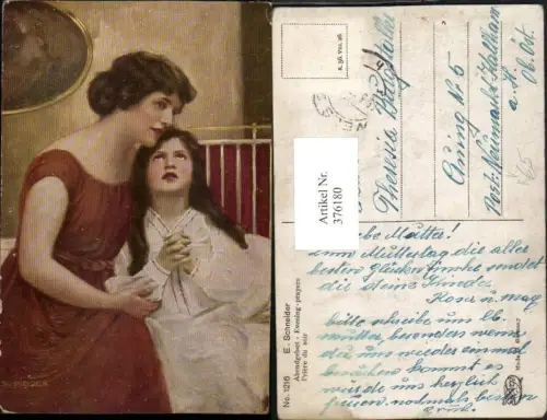 376180,Degi AK 1216 Künstler E. Schneider Abendgebet Frau Mutter m. Kind Gebet beten