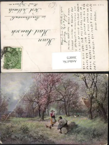 384873,Theo Stroefer 1237 Künstlerkarte Landschaft Mann m. Pfeife Mutter m. Kind Baumblüte