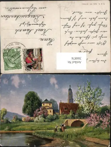 384874,Theo Stroefer 958 Künstler Georg Meinzolt Landschaft Dorf Brücke Turm