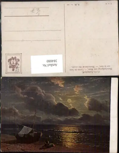 384880,Theo Stroefer 163 Künstler G. O. Kalmykoff Mondaufgang am Meer Segelboot Strand