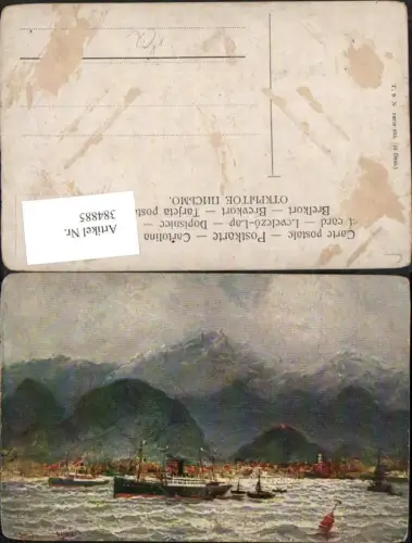 384885,Theo Stroefer 615 Künstlerkarte Stadt Teilansicht Dampfer Bergkulisse