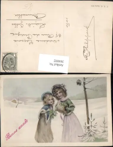 384892,Theo Stroefer 674 Künstlerkarte Neujahr Kinder Mädchen Hauben Muff Winterlandschaft