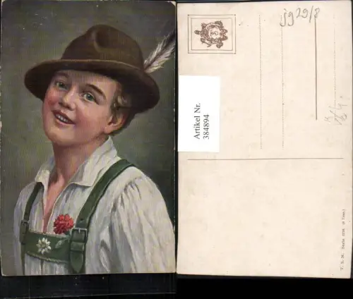 384894,Theo Stroefer 1279 Künstlerkarte Bub Junge m. Federhut Hut Tracht Portrait