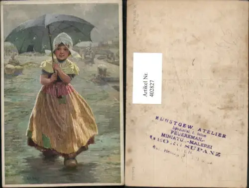 402827,M. Munk Vienne 701 Künstler R. A. Höger Holländisches Mädchen Tracht Schirm