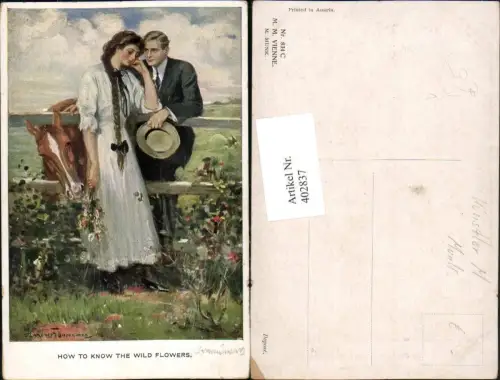 402837,M. Munk Vienne 834 C Künstler Clarence F. Underwood Liebe Paar Zaun Pferd
