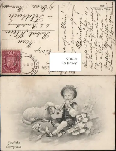 403016,V.K. Vienne 4301 Künstler Rei Rei Ostern Junge Bub Federhut Flöte Lamm Schaf