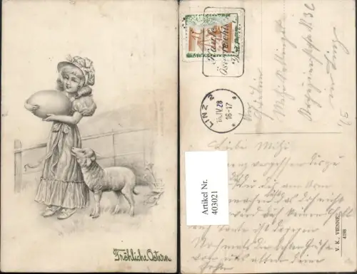 403021,V.K. Vienne 4198 Künstlerkarte Ostern Mädchen m. Ei Lamm Schaf