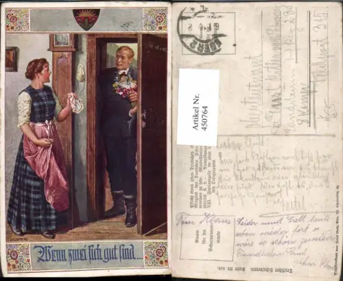 450764,Deutscher Schulverein 829 Künstler F. Kuderna Liebe Paar Tür Blumenstrauß