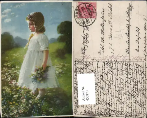 450870,Meissner e Buch Künstlerkarte Mädchen Kleid Blumenstrauß Blumen