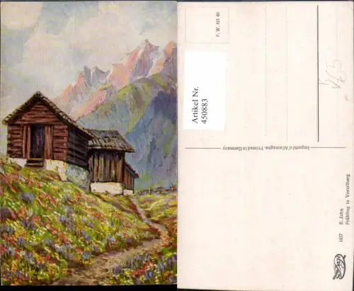 450883,Degi AK 1437 Künstler E. Jahn Frühling in Vorarlberg Almhüte Bergkulisse
