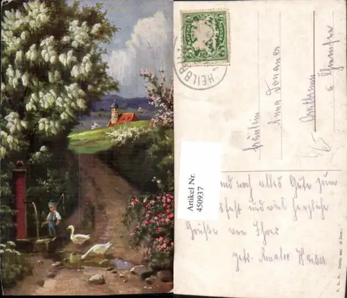 450937,Theo Stroefer 960 Künstlerkarte Bub Junge Gänse Brunnen Kirche