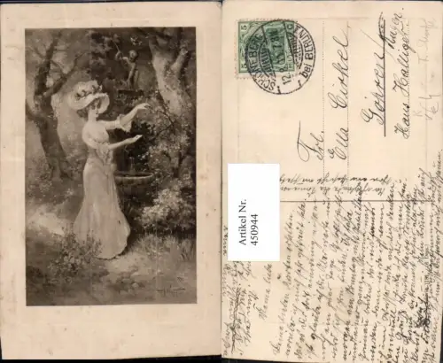 450944,Theo Stroefer 1181 Künstlerkarte Frau m. Kleid Hut Brunnen