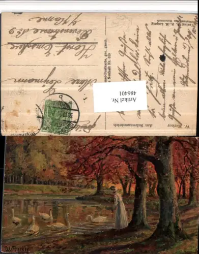 486401,A.S.M. Imita 619 Künstler W. Merker Am Schwanenteich Schwäne