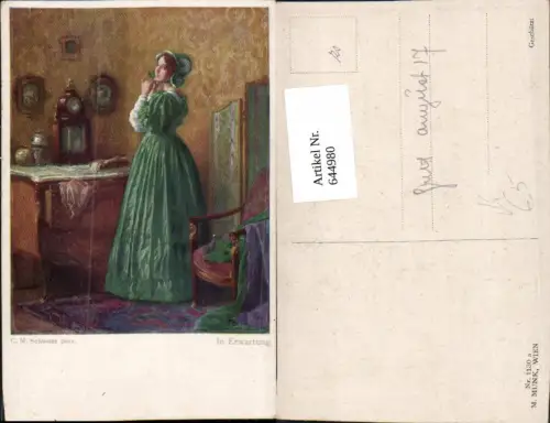644980,Künstler AK C.M. Schuster In Erwartung Uhr Frau Kleid Interieur Standuhr