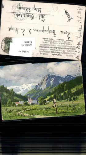 673198,Künstler AK Splitgerber Dorf Marterl Kreuz Kirche Berge Alpen Serie 1 Stp. Zwickau