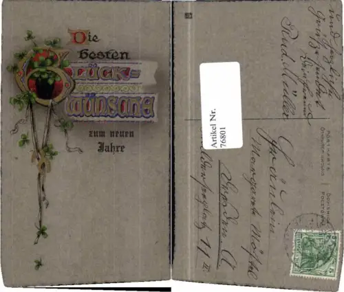 76801,Präge AK Neujahr Hufeisen Kleeblätter SCHÖN verziert