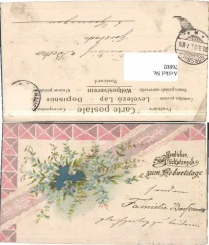 76802,Präge Litho Geburtstag Blumen verziert