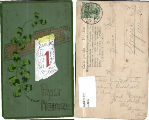 76807,Präge AK Neujahr Kleeblätter Kalender