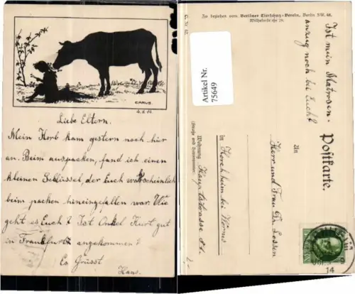 75649,Scherenschnitt Tierschutzverein Mädchen Carus Krause sign.