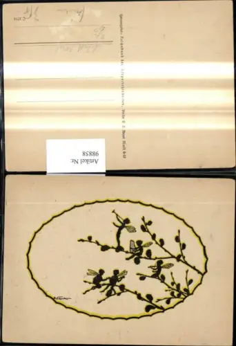 98858,Künstler Ak Elsbeth Forck Scherenschnitt Silhouette Feen Musik Geige Harfe Palmkätzchenzweig