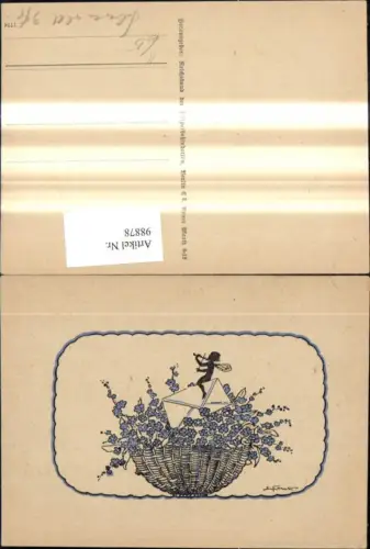 98878,Künstler Ak Elsbeth Forck Scherenschnitt Silhouette Korb m. Blumen Fee Geige Brief