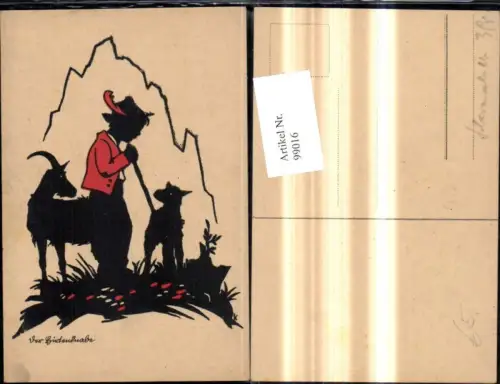 99016,Scherenschnitt Silhouette Hirtenknabe Bub Junge Hirte Ziegen Berg