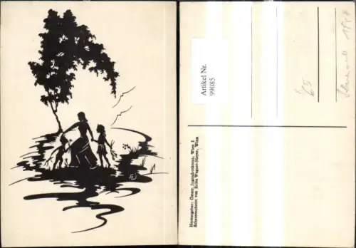 99085,Künstler Ak Erika Wagust Scherenschnitt Silhouette Frau Kinder Blumen Baum