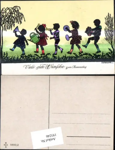 193246,Künstler Ak F. Kaskeline Scherenschnitt Silhouette Kinder Musizieren Instrumente Gießkanne Namenstag