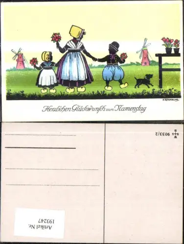 193247,Künstler Ak F. Kaskeline Scherenschnitt Silhouette Kinder Frau Blumen Hund Holland Flander Windmühle Namenstag