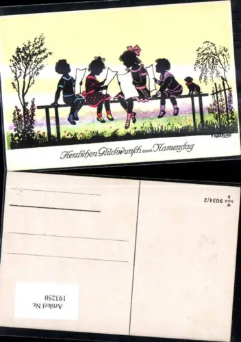 193251,Künstler Ak F. Kaskeline Scherenschnitt Silhouette Kinder b. Singen Notenblätter Blatt Papier Hund Namenstag