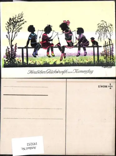 193252,Künstler Ak F. Kaskeline Scherenschnitt Silhouette Kinder b. Singen Notenblätter Blatt Papier Hund Namenstag