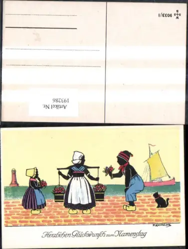 193286,Künstler Ak F. Kaskeline Scherenschnitt Silhouette Frau Mann Kind Kübel Eimer Blumen Segelschiff Katze Leuchttu