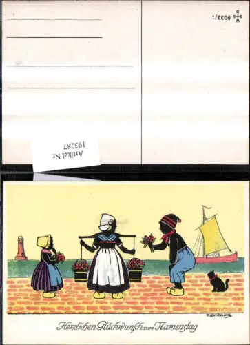 193287,Künstler Ak F. Kaskeline Scherenschnitt Silhouette Frau Mann Kind Kübel Eimer Blumen Segelschiff Katze Leuchttu