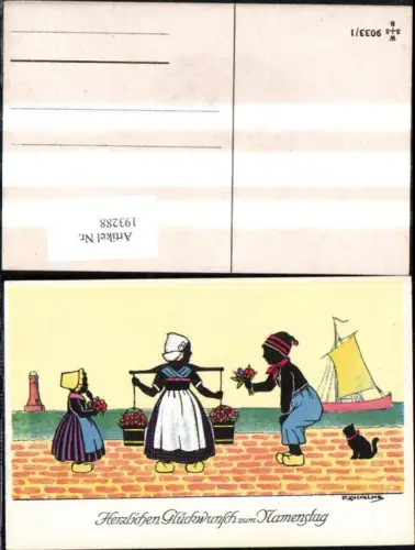 193288,Künstler Ak F. Kaskeline Scherenschnitt Silhouette Frau Mann Kind Kübel Eimer Blumen Segelschiff Katze Leuchttu