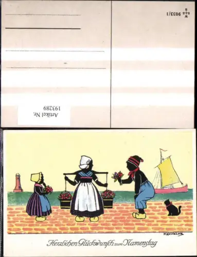 193289,Künstler Ak F. Kaskeline Scherenschnitt Silhouette Frau Mann Kind Kübel Eimer Blumen Segelschiff Katze Leuchttu