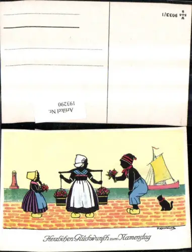 193290,Künstler Ak F. Kaskeline Scherenschnitt Silhouette Frau Mann Kind Kübel Eimer Blumen Segelschiff Katze Leuchttu