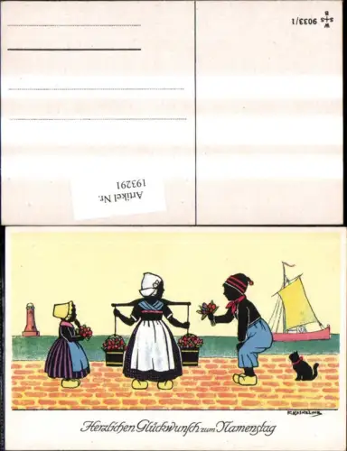 193291,Künstler Ak F. Kaskeline Scherenschnitt Silhouette Frau Mann Kind Kübel Eimer Blumen Segelschiff Katze Leuchttu