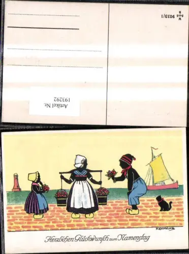 193292,Künstler Ak F. Kaskeline Scherenschnitt Silhouette Frau Mann Kind Kübel Eimer Blumen Segelschiff Katze Leuchttu