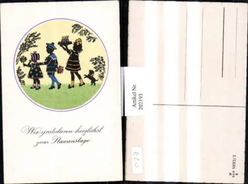 202193,Künstler AK F. Kaskeline Scherenschnitt Silhouette Kinder m. Blumen Kuchen Hund