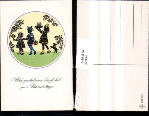 202194,Künstler AK F. Kaskeline Scherenschnitt Silhouette Kinder m. Blumen Kuchen Hund
