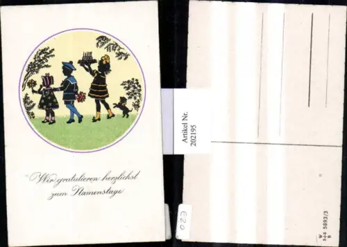 202195,Künstler AK F. Kaskeline Scherenschnitt Silhouette Kinder m. Blumen Kuchen Hund