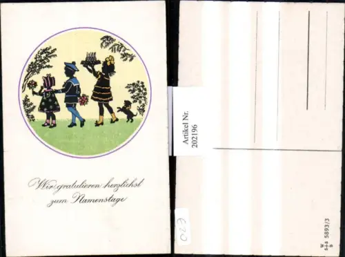 202196,Künstler AK F. Kaskeline Scherenschnitt Silhouette Kinder m. Blumen Kuchen Hund