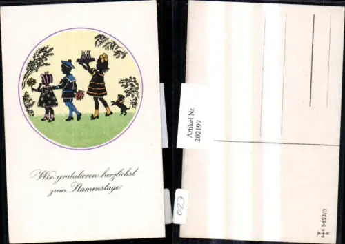 202197,Künstler AK F. Kaskeline Scherenschnitt Silhouette Kinder m. Blumen Kuchen Hund