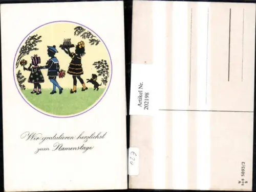 202198,Künstler AK F. Kaskeline Scherenschnitt Silhouette Kinder m. Blumen Kuchen Hund